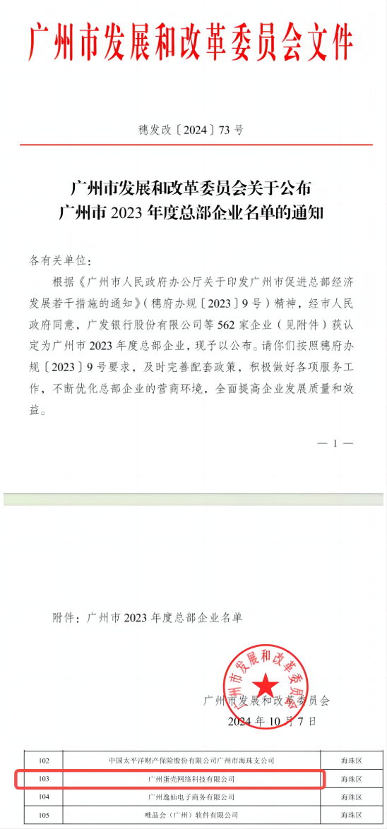 蛋壳网络入选广州市2023年度总部企业